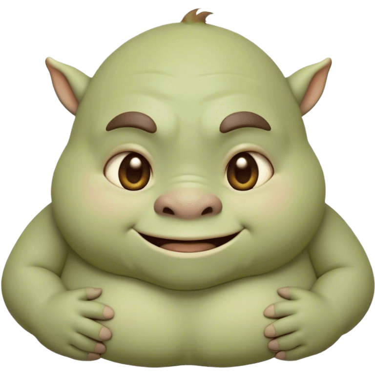 Cinematic Cute Ogre Portrait Emoji, with a surprisingly endearing, plump and huggable figure in soft earthy greens and browns, featuring big, kind eyes and a bashful smile, simplified yet irresistibly adorable, highly detailed with a soft glowing outline that captures the charm of a friendly giant who seems ready for a warm hug! emoji