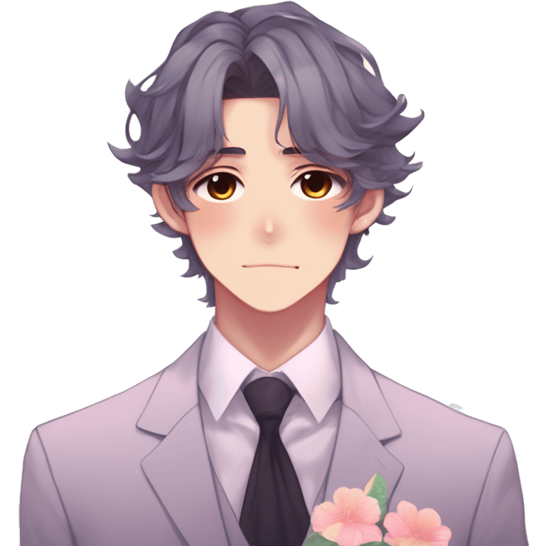 Gorgeous romantic hot attractive anime style formal modern gentlemanly anime shojo guy with pretty hair and flower petals and blushing face aesthetic trending style with colorful gradient colors  pastelcore cottagecore kawaiicore emoji