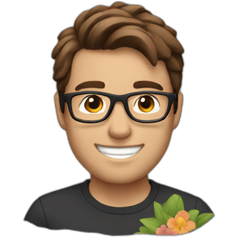 brown hair up guy with glasses and dark t-shirt with flowers print emoji