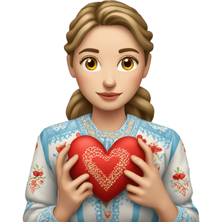 A Ukrainian woman in an embroidered shirt holds a heart in her hands emoji