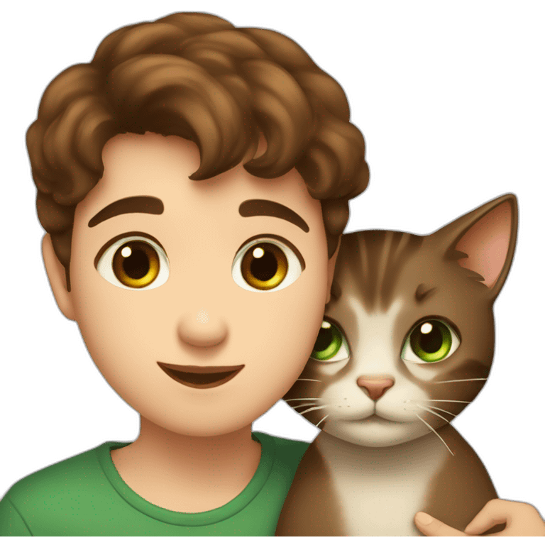 Girl with brown eyes and brown hair kisses the boy with brown hair and green eyes and hugs brown cats emoji