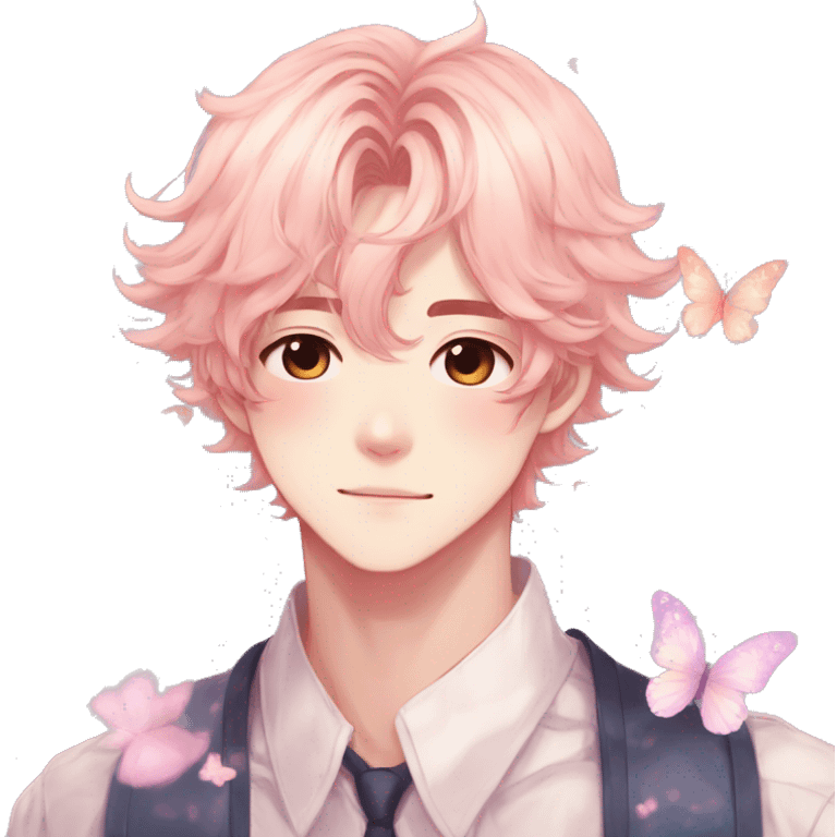 Gorgeous pastel anime style shojo man with blushing face and butterflies aesthetic and pretty hair trending style emoji