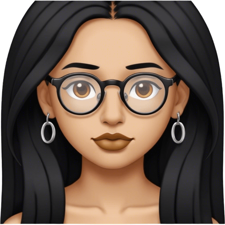 Long black hair, glasses, septum piercing, nose piercing on each side, lip piercing on both sides emoji