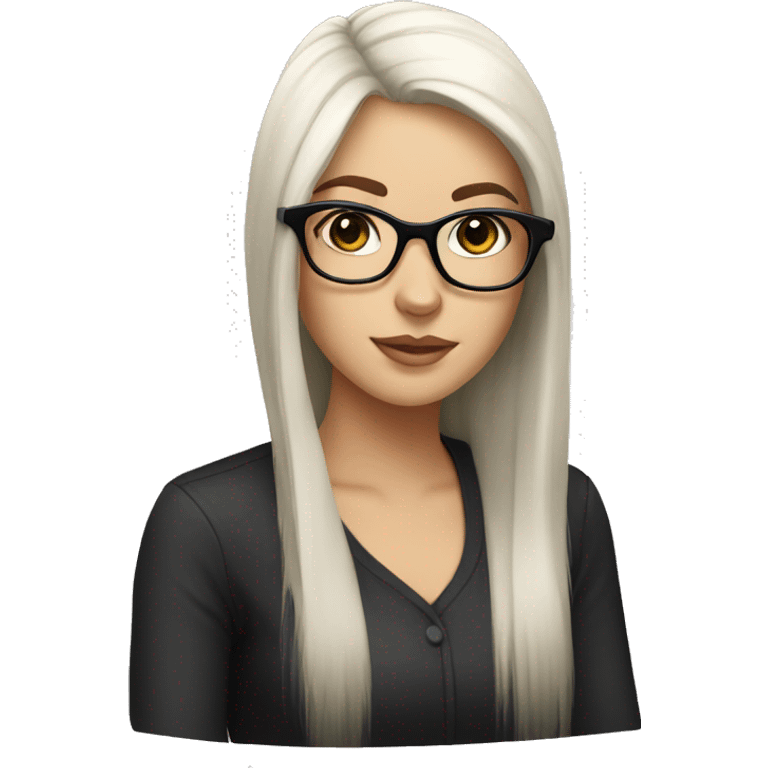 white girl, black long hair and bangs with big glasses emoji