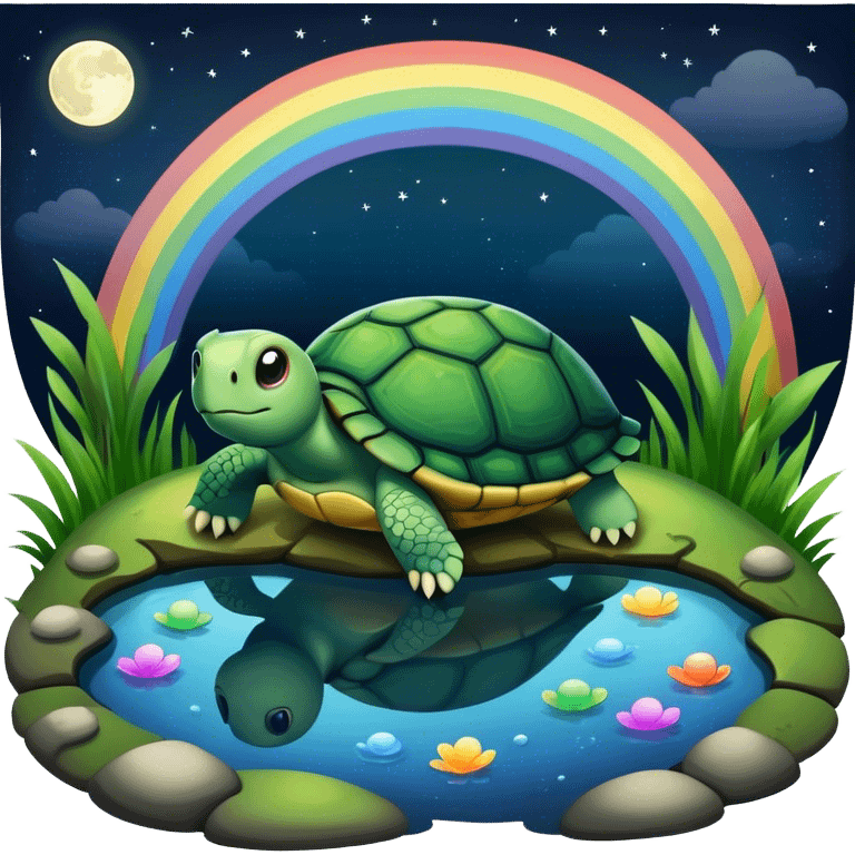 Turtle in pond with night sky dark moon and rainbow emoji