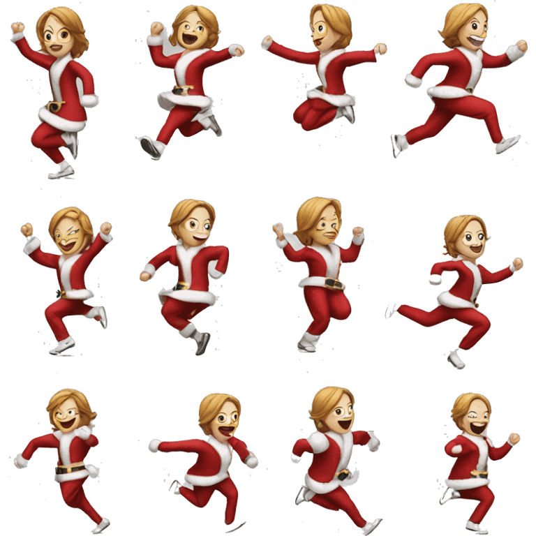 Emma Stone running, with a large stride and arms outstretched, in a santa costume emoji