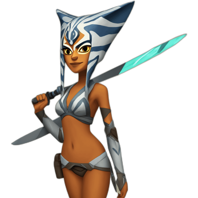 Sexy Ahsoka Tano (portrait, front facing) bikini (small horns) (clone wars season 7) in the style of van gogh emoji