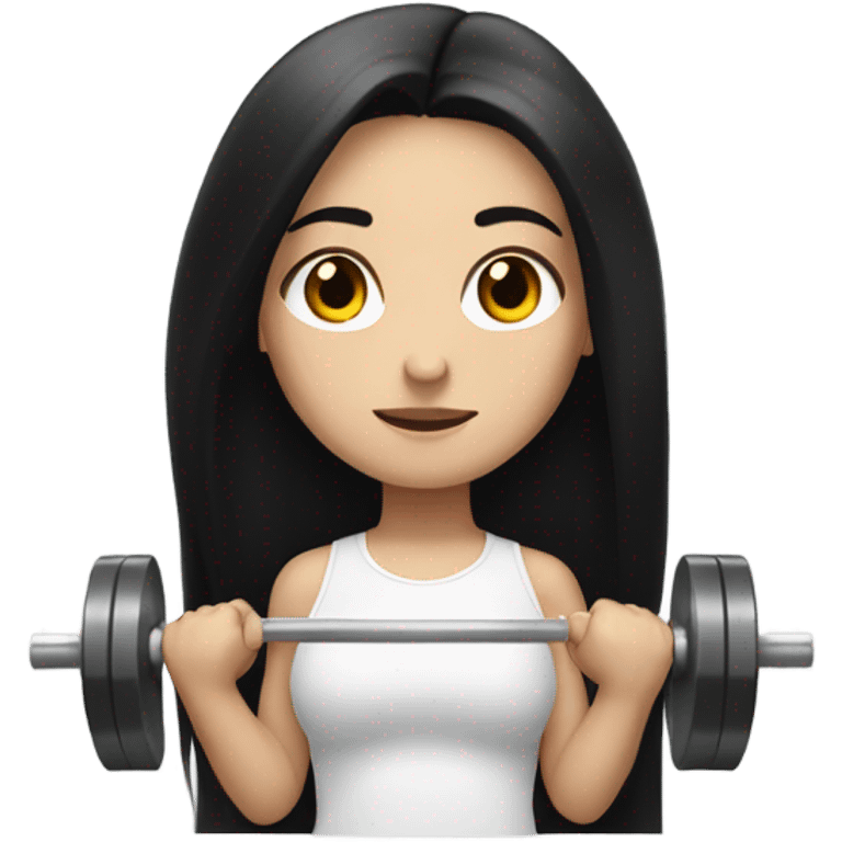 Pale girl with long black hair lifting weights brown eyes emoji