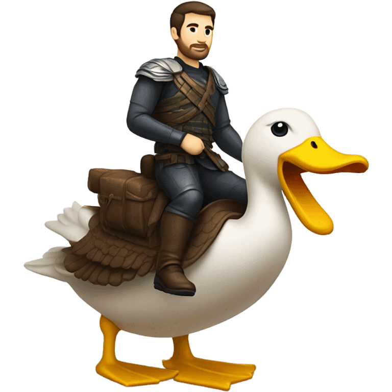 Confident armored White Man with dark brown hair and a short beard riding on the back of a giant duck emoji