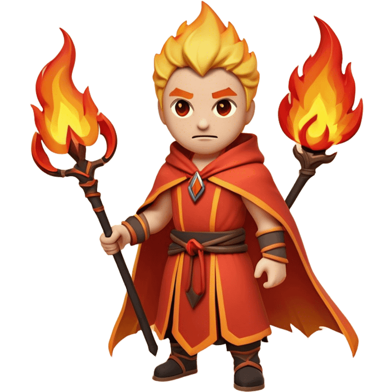 Clash of Clans aesthetic: Cinematic Ferocious Fire Mage Hero Emoji, rendered in a 3D vector-style similar to standard emojis with minimal shading and bold, simplified shapes. A compact, isometric figure draped in flowing, charred and ember-lined robes, wielding a fiery staff crackling with intense flames. Eyes burning with an infernal glow, exuding raw, untamed power. Simplified yet unmistakably iconic, highly detailed and consistent, glowing with a fiery, molten radiance and high shine. Stylized with a touch of menacing sorcery and a searing, ember-infused outline, capturing the essence of a wrathful mage ready to unleash devastating fire magic! emoji