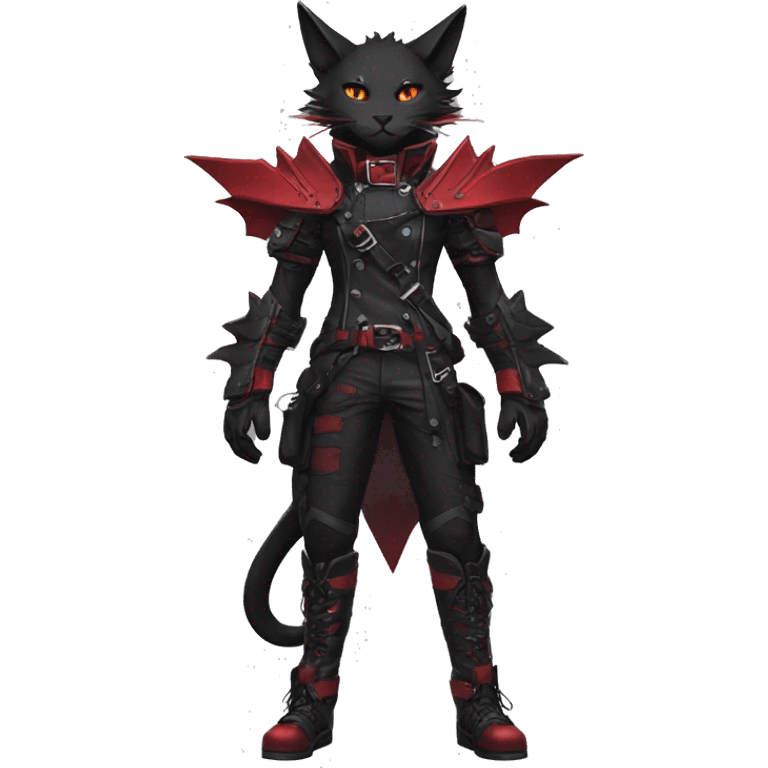 Anthro cool edgy elegant pretty black punk techwear red fantasy nargacuga-bat-cat-Fakemon collar harness warrior full body emoji