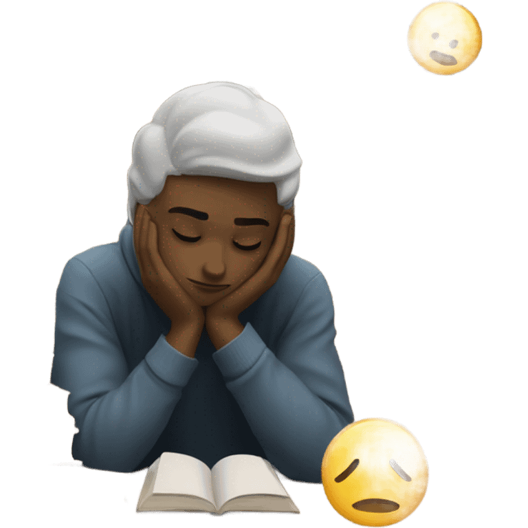 bored white student leaning on hand books  emoji