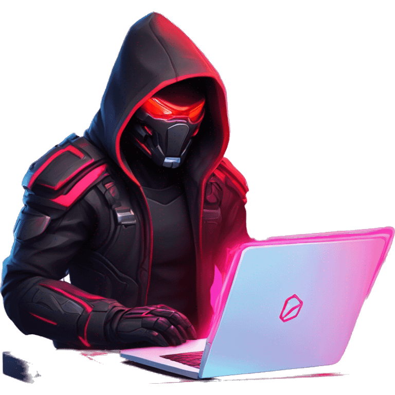 developer behind his laptop with this style : crysis Cyberpunk Riot Games Valorant neon glowing bright red character red dark black hooded assassin themed character emoji