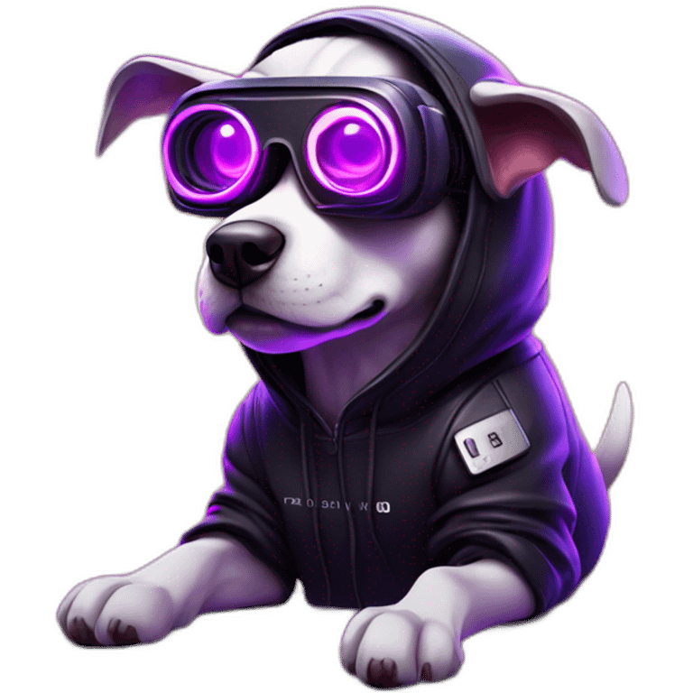 funny dog wearing a black hoodie with "OMG" letters on it and VR headset in a cyberpunk VR environment with violet neon lighting. emoji