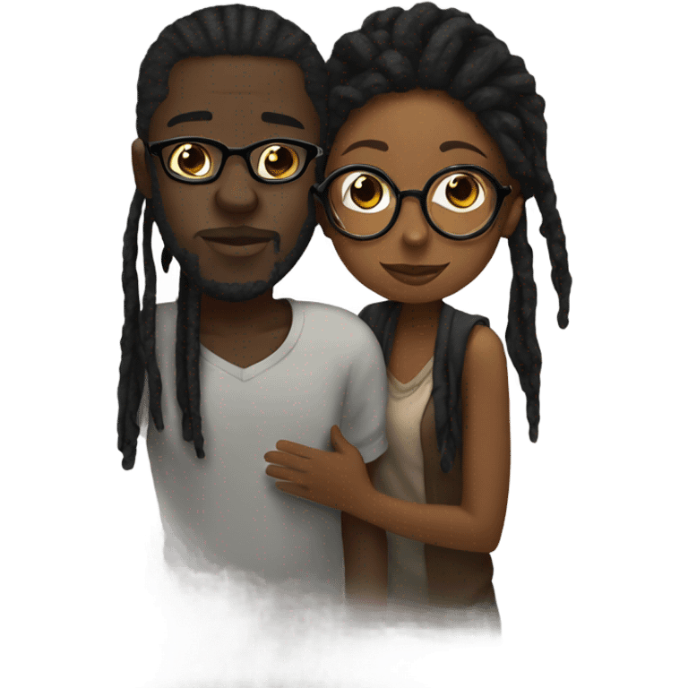 Black man with dreads covering face kissing brown girl glasses emoji