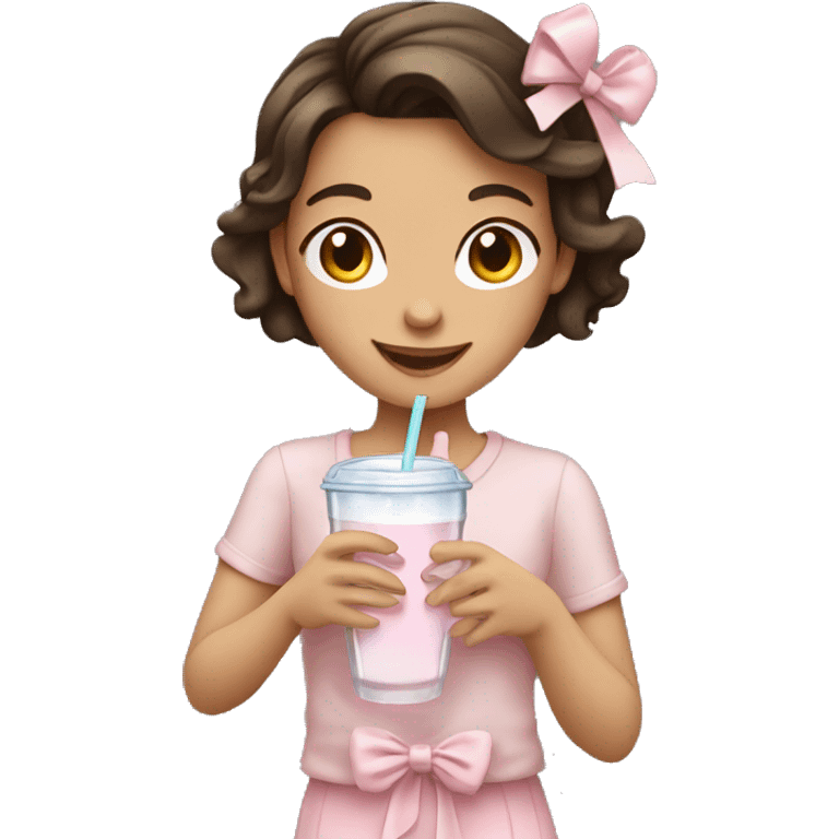 Happy brunette girl with light pink bows and clothes holding a drink emoji