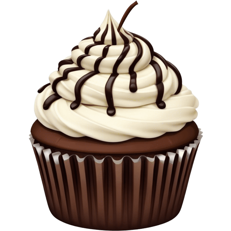 Chocolate cupcake with flat white frosting and chocolate drizzle emoji