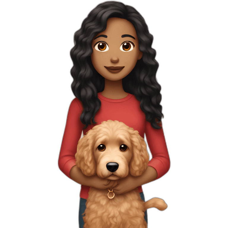 Girl with long black hair and light skin holding red goldendoodle emoji