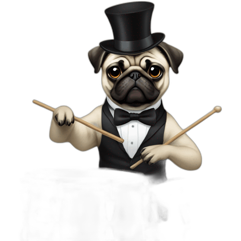 Pug with bow tie and suit playing drums emoji