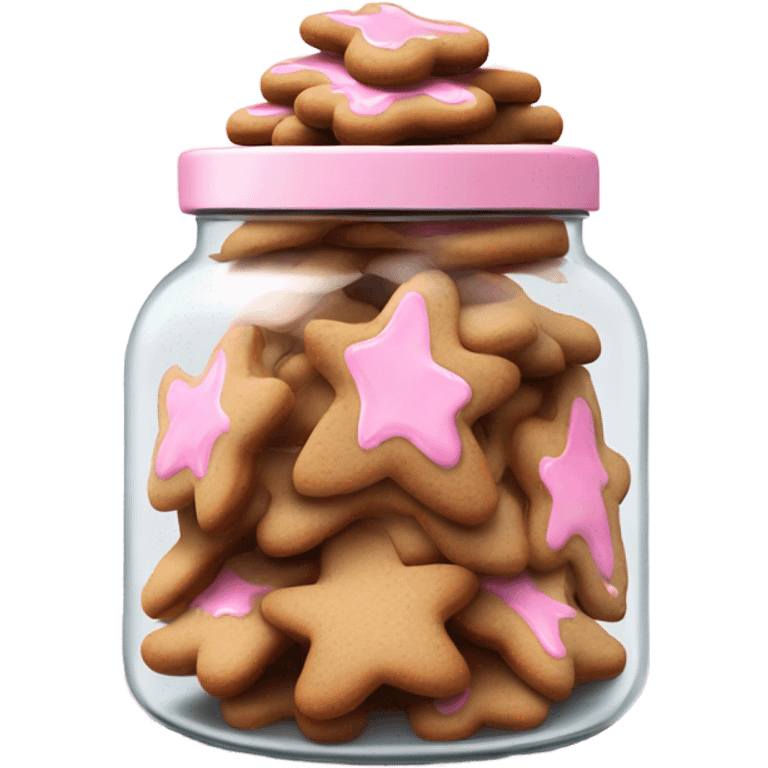 Realistic glass cookie jar with light pink lid full of gingerbread cookies isolated.  emoji