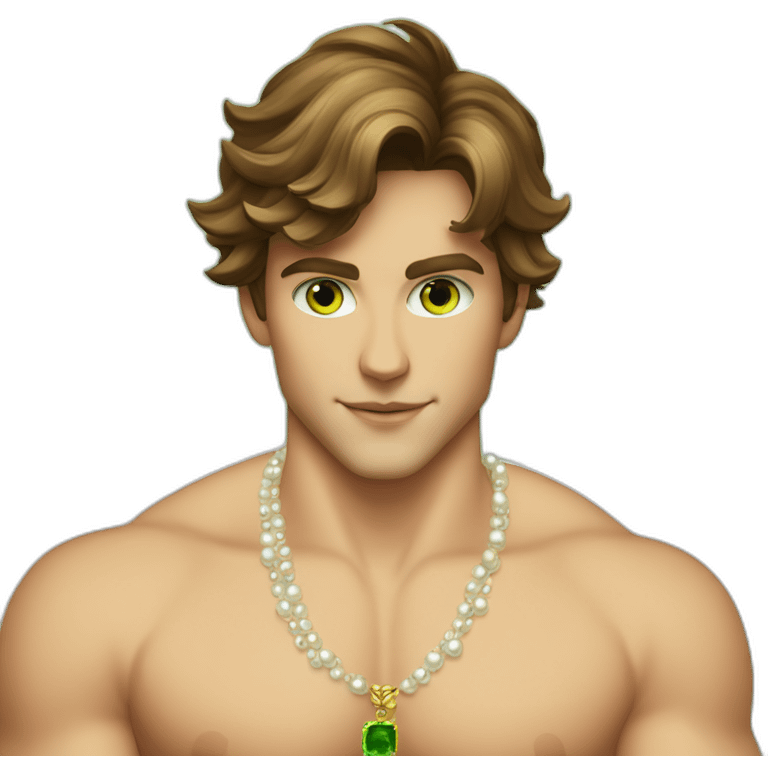 Posh-muscle-boy-brown-hair-green-eyes-pearl-necklace-in-golden-bathtub emoji