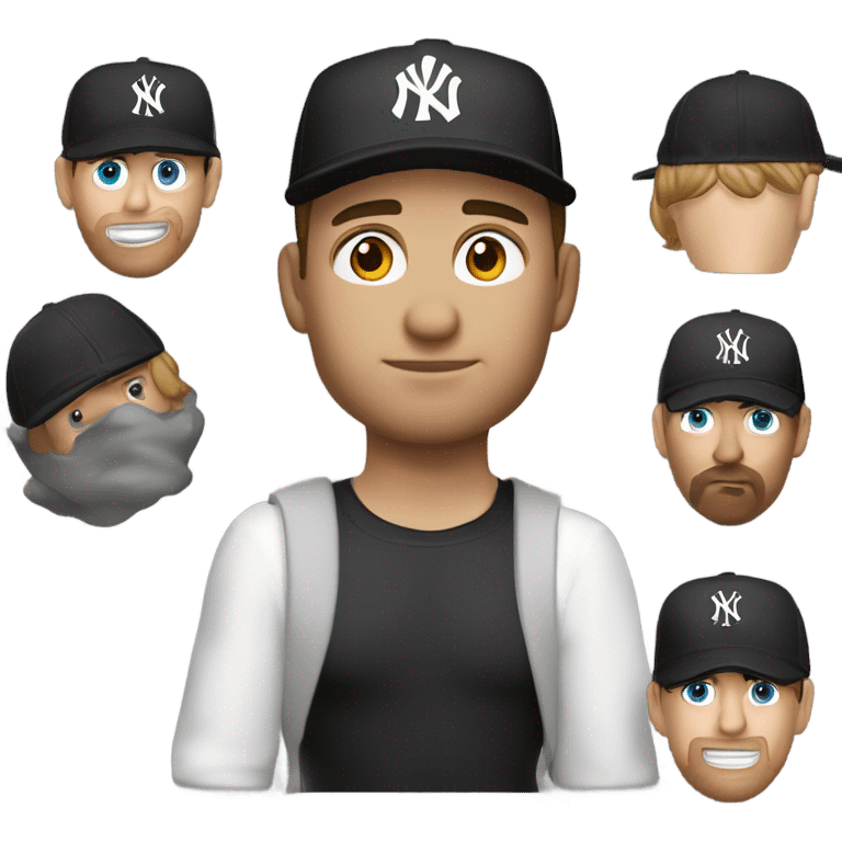 Un homme blanc, yeux en amande, cheveux courts brun, mal rasé, casquette yankees noir emoji