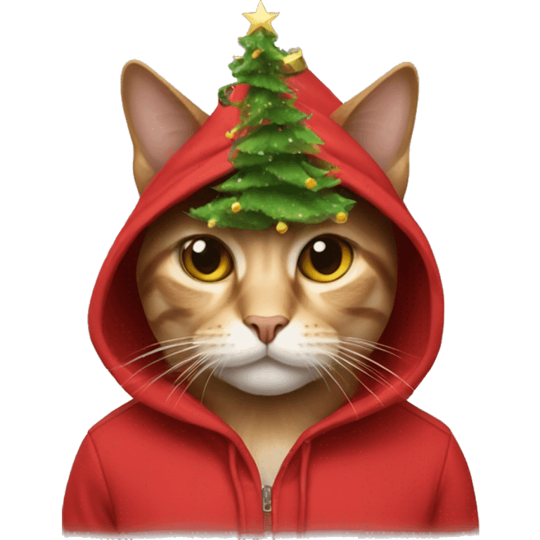 cat wearing a red hoddie with christmastree hat emoji