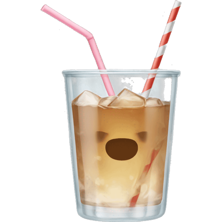 Clear glass cup with light brown drink, ice, and straw emoji