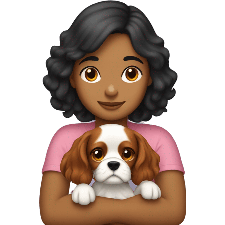 girl with short dark hair hugging cavalier king charles spaniel dog emoji