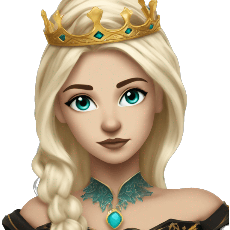 Aelin has white or golden blonde hair, turquoise eyes with a gold ring around the pupil, and tattoos and scars. Wearing a black and gold gown with a crown made of fire emoji