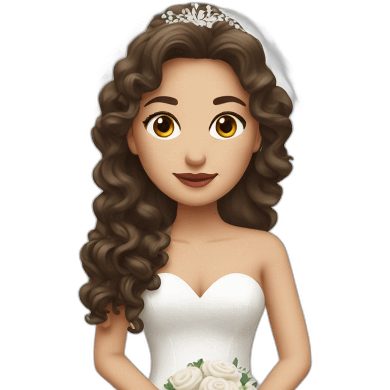 Beautiful brunette bride with long curly hair wearing a wedding dress with small lips emoji