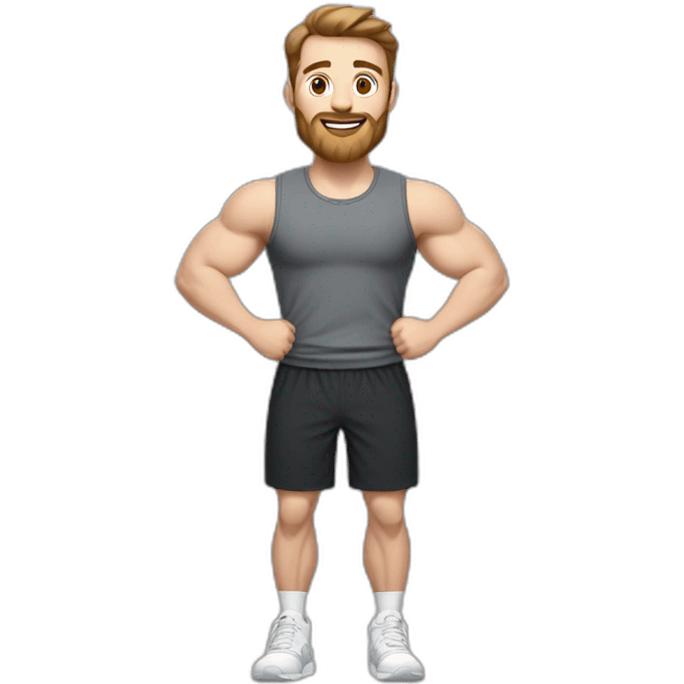 Full height Actively gesturing with hands Pale skinned Fit Man With the biceps and brown hair in dark gray Sleeveless Mike, black oversize sports shorts, watch and white Sneakers emoji