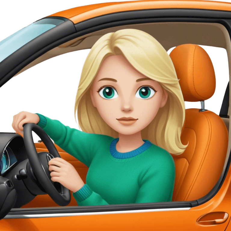 A cinematic realistic blonde with blue eyes, dressed in a green sweater, is driving an orange Mercedes car. emoji