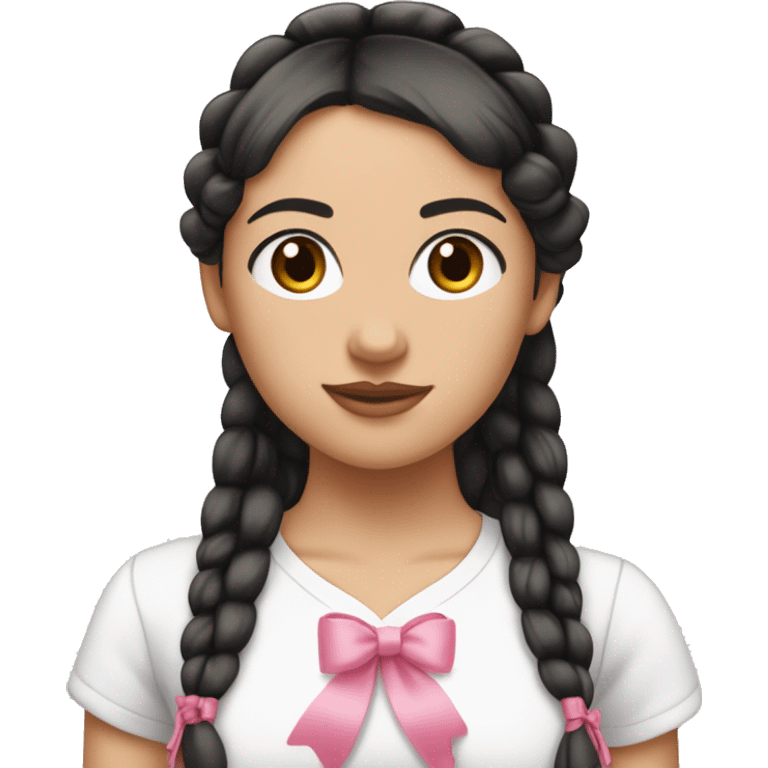 A white girl wearing white T-shirt with two tall braids and (bangs) with pink ribbon bow on each braid looking forward..black hair and brown eyes small nose and pink lips emoji