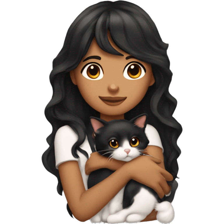 TAN SKIN GIRL with long black wavy hair and bangs HUGGING HER CALICO CAT  emoji