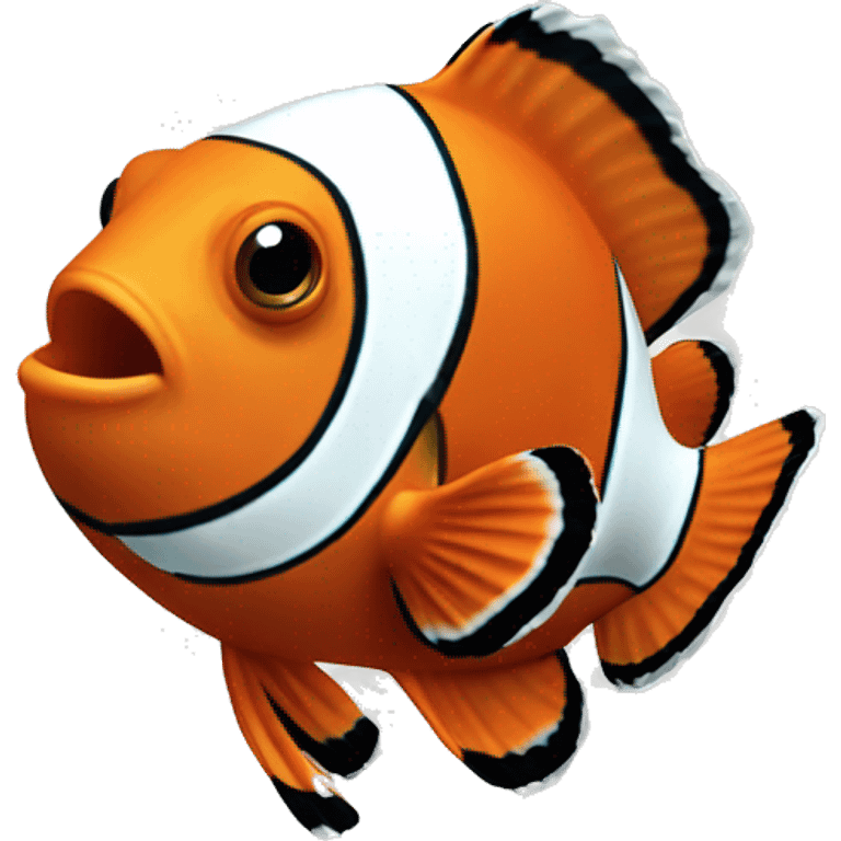 a clownfish in coral reefs and the clownfish has an orange body and black and white stripes. emoji