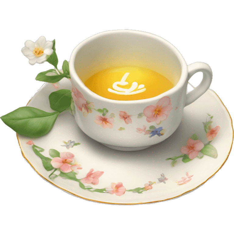 a serene teacup on a small plate with a print of small fuel flowers emoji