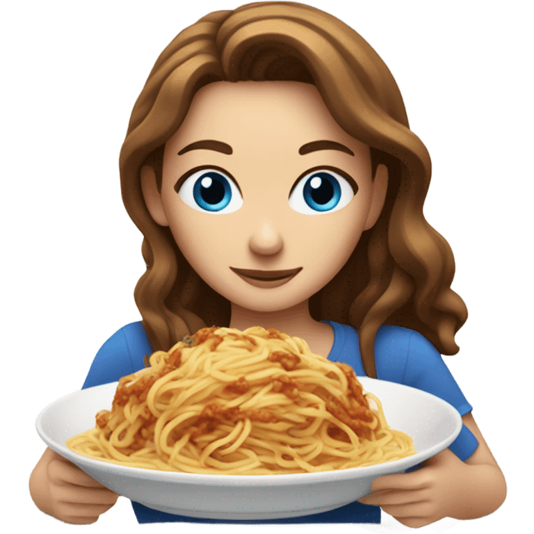 White girl blue eyes brown hair eating spaghetti  emoji