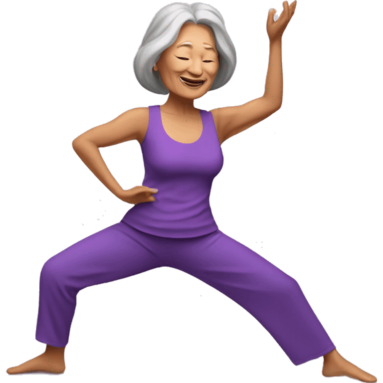 Long hair Asian senior woman in purple yoga cloth dancing Zumba emoji