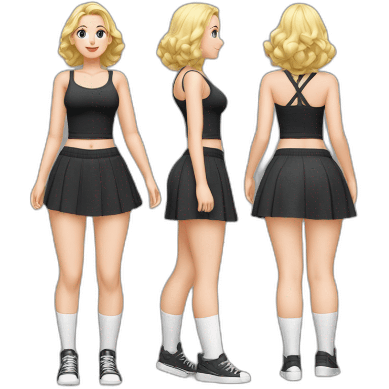 full-body-caucasian-curvy-beauty-наклоняется к земле-short-black-skirt-back-and-front-views-strong-wind-knickers-long-white-socks emoji