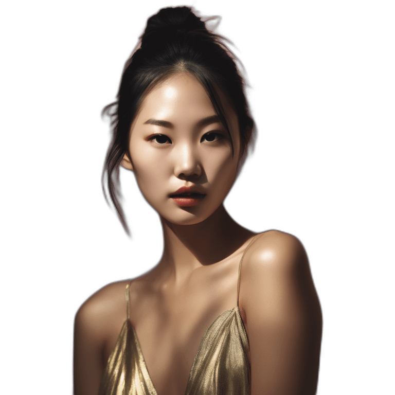 asian girl david bellemere, bathed in shadows, fov 90 degrees, short lighting, cold colors, gilded technique, extremely hyper aesthetic emoji