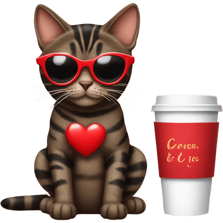 Black and brown tabby cat wearing red heart sunglasses drinking coffee  emoji