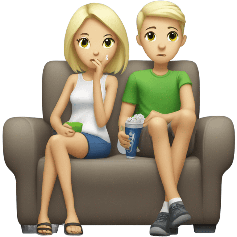 asian girl blonde blue eyed boy and blonde green eyed girl watching tv and smoking emoji