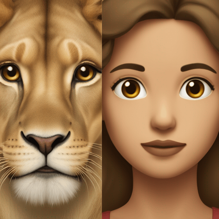 Half of the brunette girl's face together with half of the lioness's face in one Half of the brunette girl's face together with half of the lioness's face in one emoji