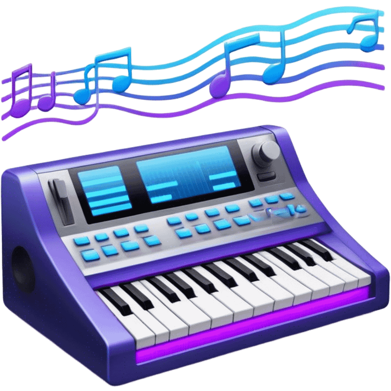 Create a sleek and modern emoji that represents sound design. The design should feature sound waves, a sound mixing console, and a studio synthesizer to symbolize the process of creating and shaping sound. Include elements like a synthesizer or audio effects buttons to highlight the creative tools used in sound design. Use futuristic colors like neon blue, purple, and silver to convey the cutting-edge, experimental nature of sound creation. The background should be transparent. emoji