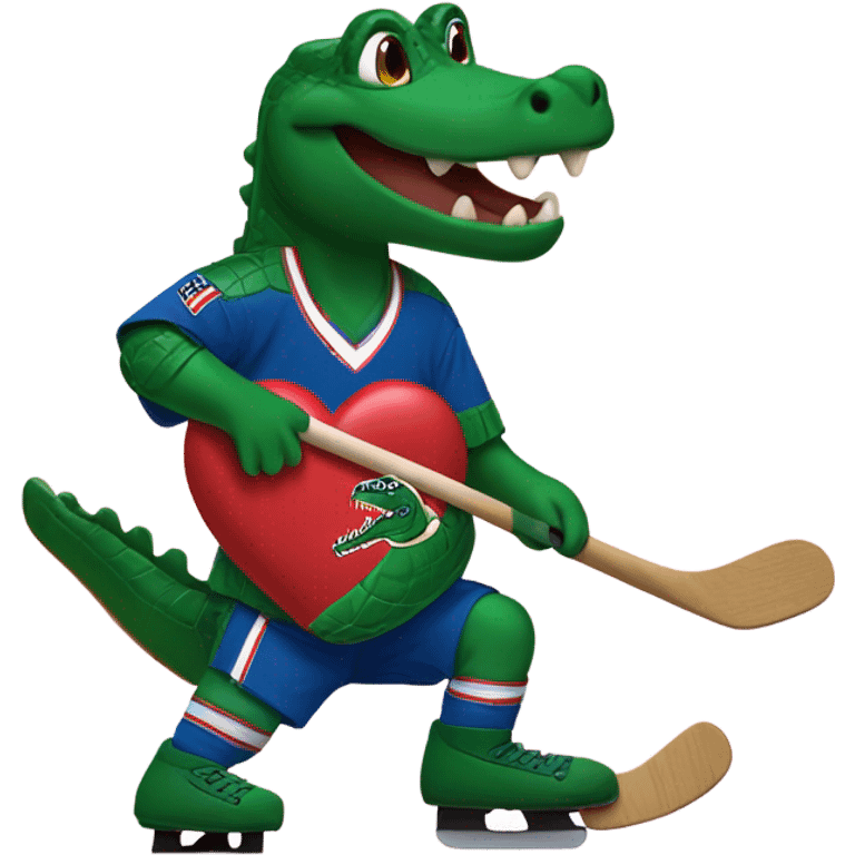 Gator playing hockey with a big heart showing near the chest. The heart needs to look like the heart from Tik Tok emoji