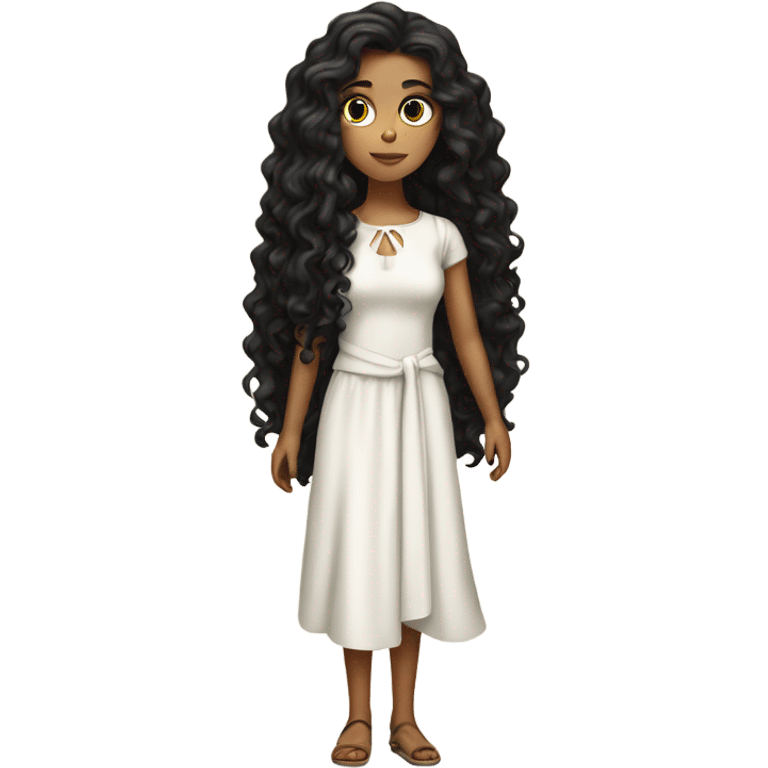 Tan girl with black long curly hair and white tied dress full body emoji