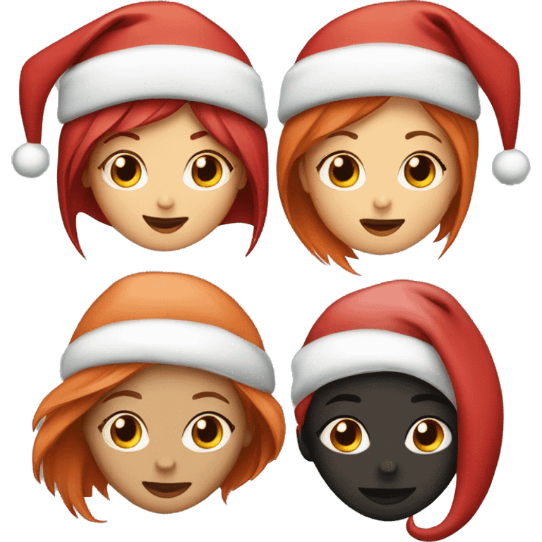 one girl with red hair and one girl with black kissing with santa hats on emoji