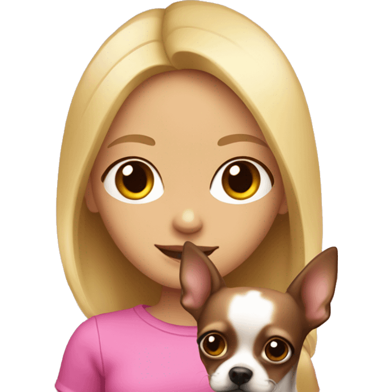 blonde girl with pink& dark brown chihuahua in her arms emoji