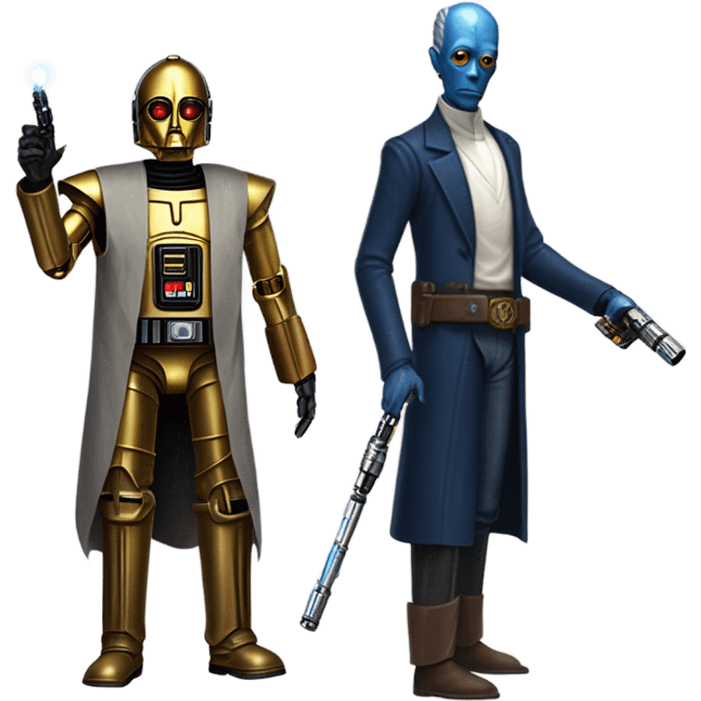 well-equipped jedi first order human-sized darkblue-pearl friendly bounty hunter c3po droid wearing a leather wild west duster coat holding light saber ready to fight but relaxed. antiqued emoji